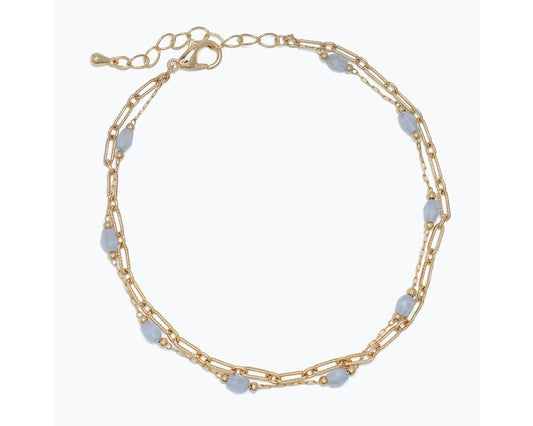 Anklet-Blue Beads w Gold Chain