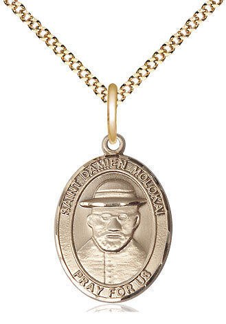Extel Medium Oval 14Kt Gold Filled St. Damien of Molokai  with 18" chain, Made in USA