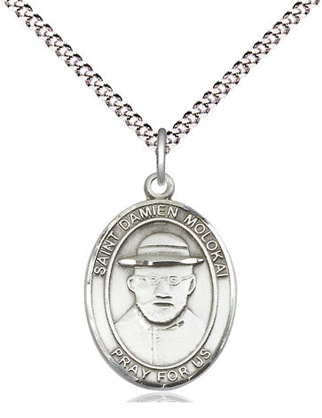 Extel Medium Oval Pewter St. Damien of Molokai Pendant with 18" chain, Made in USA