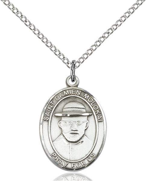 Extel Medium Oval Sterling Silver St. Damien of Molokai Pendant with 18" chain, Made in USA