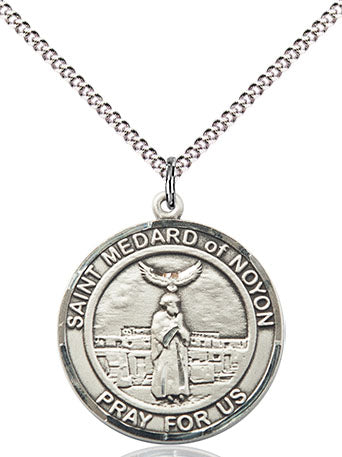 Extel Medium Round Pewter St. Medard of Noyon Medal Pendant Necklace with 18" Chain, Made in USA