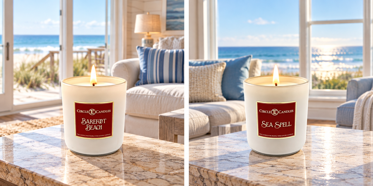 Circle E Candles, Barefoot Beach Scent, Medium Size Jar Candle, 7oz – Fresh Coastal Ocean Breeze Home Fragrance, Clean Airy Beachy Candle, Made in USA