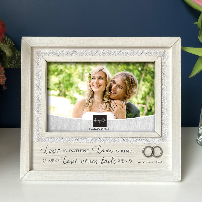 LOVE IS PATIENT FRAME W/LACE, RINGS, EASEL & HANGE