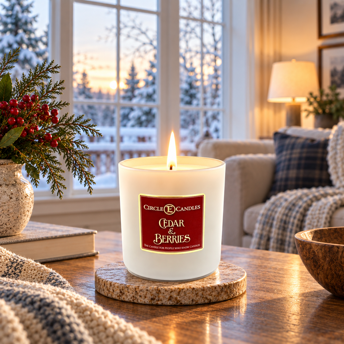 Circle E Candles, Cedar and Berries Scent, Medium Size Jar Candle, 7oz – Warm Woody Berry Home Fragrance, Fresh Earthy Scented Candle, Made in USA