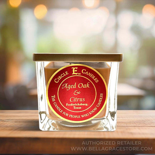 Circle E Candles, Aged Oak & Citrus Scent, Small Size Jar Candle, 8oz, 1 Wick