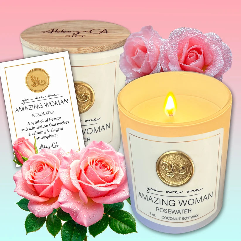 AMAZING WOMAN ROSEWATER 7 OZ CANDLE, BOXED W/CARD