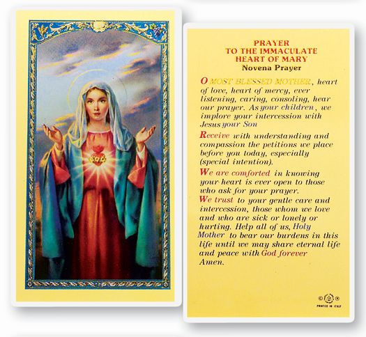 Immaculate Heart of Mary Novena Laminated Catholic Prayer Holy Card with Prayer on Back, Single Card