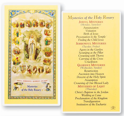 Mysteries of the Rosary Laminated Catholic Prayer Holy Card with Prayer on Back, Single Card