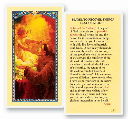 Saint Anthony Lost Things Laminated Catholic Prayer Holy Card, Single Card