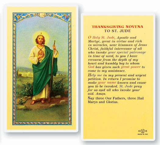 Saint Jude Thanksgiving Novena Laminated Catholic Prayer Card, Single Card