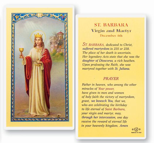 Saint Barbara Laminated Catholic Prayer Holy Card with Prayer on Back, Single Card