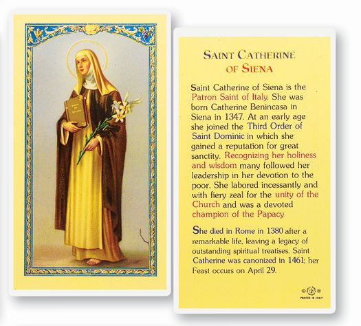 Saint Catherine of Siena Laminated Catholic Prayer Holy Card, Single Card