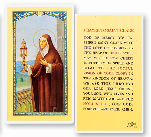 Saint Clare Laminated Catholic Prayer Holy Card, Single Card
