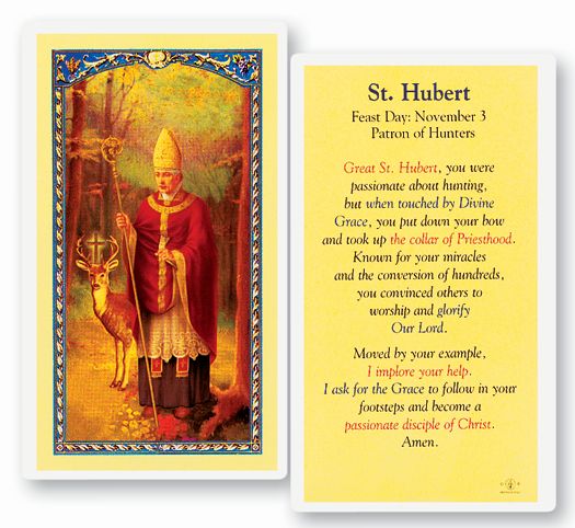 Saint Hubert Laminated Catholic Prayer Holy Card with Prayer on Back, Single Card