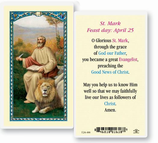 Saint Mark Laminated Catholic Prayer Holy Card, Single Card