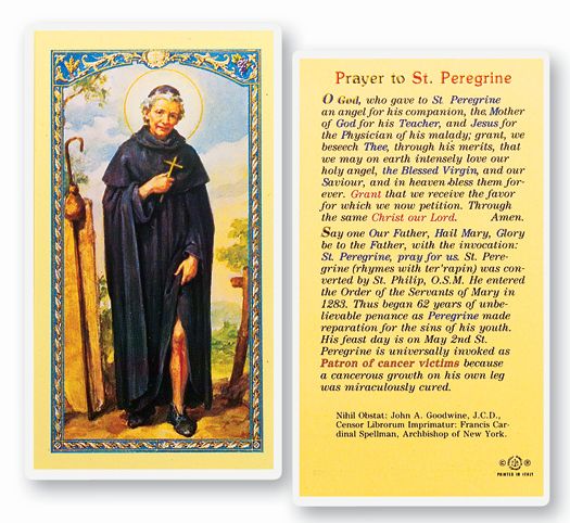 Saint Peregrine Laminated Catholic Prayer Holy Card with Prayer on Back, Single Card