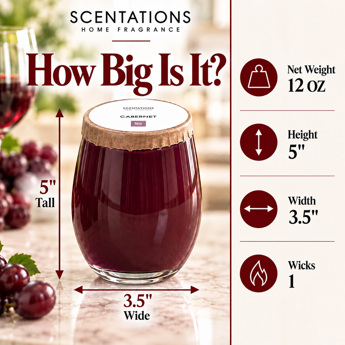 Scentations Cabernet Scented Candle, Stemless Wine Glass, 12 oz
