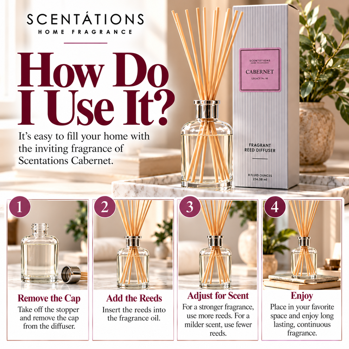 Scentations Reed Diffuser Set, Cabernet Legacy No. 98 Fragrance, 8 ozs, 8 Reeds