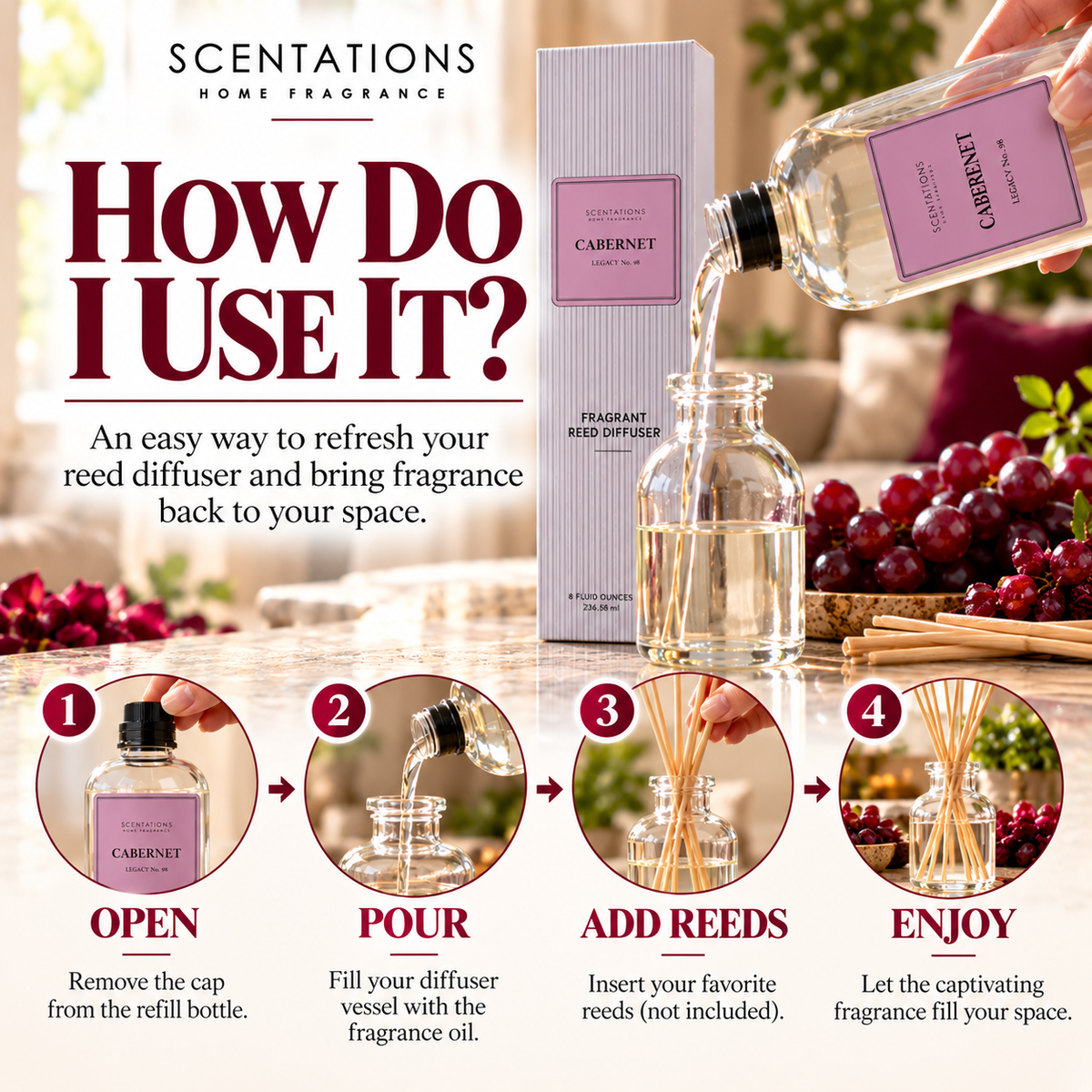 Scentations Cabernet Reed Diffuser Refill Oil, 8 oz