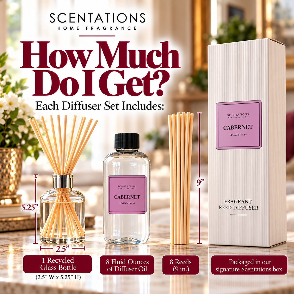 Scentations Reed Diffuser Set, Cabernet Legacy No. 98 Fragrance, 8 ozs, 8 Reeds