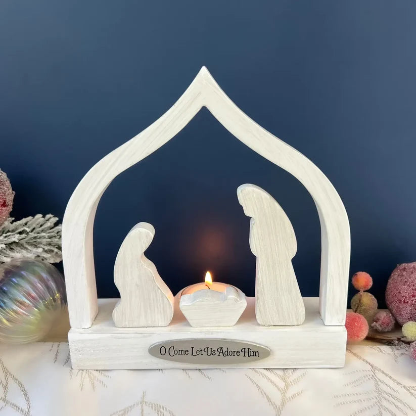 O COME LET US WW NATIVITY CANDLE HOLDER W/LED TEA