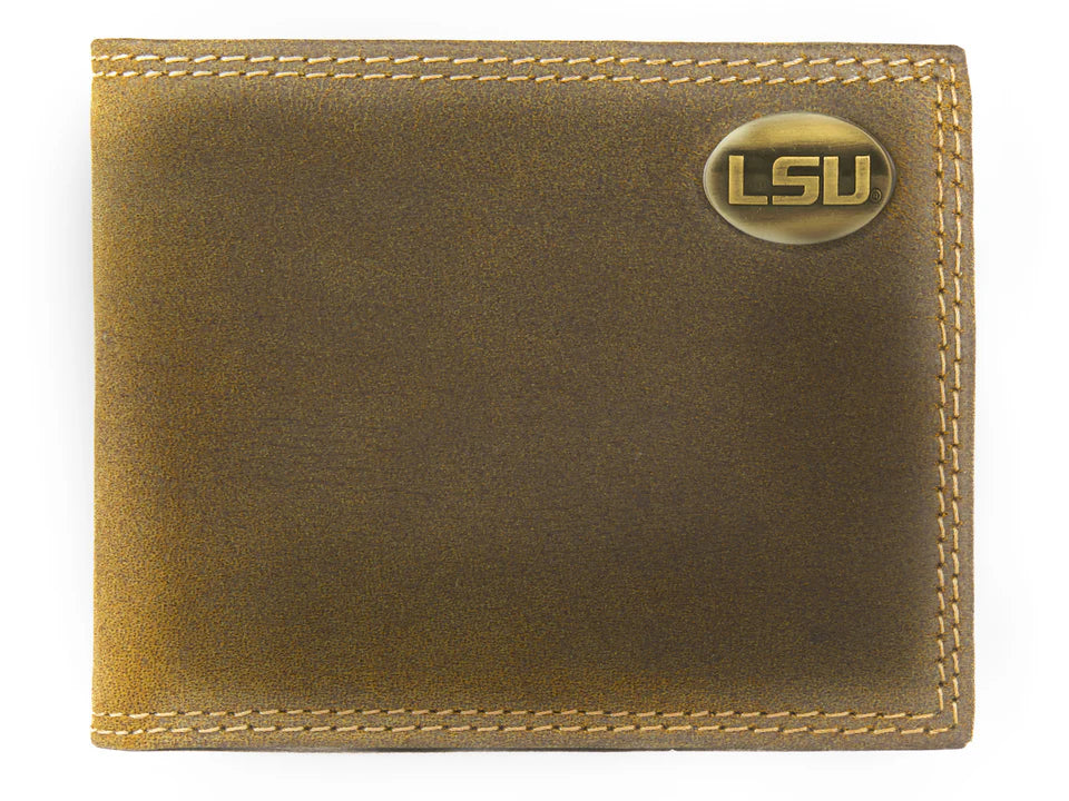 LSU Tigers Vintage Tan Leather Bifold Wallet for Fans