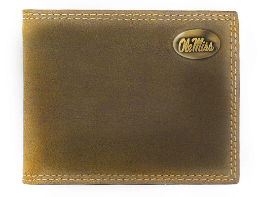 Ole Miss Rebels Vintage Tan Leather Bifold Wallet Accessory