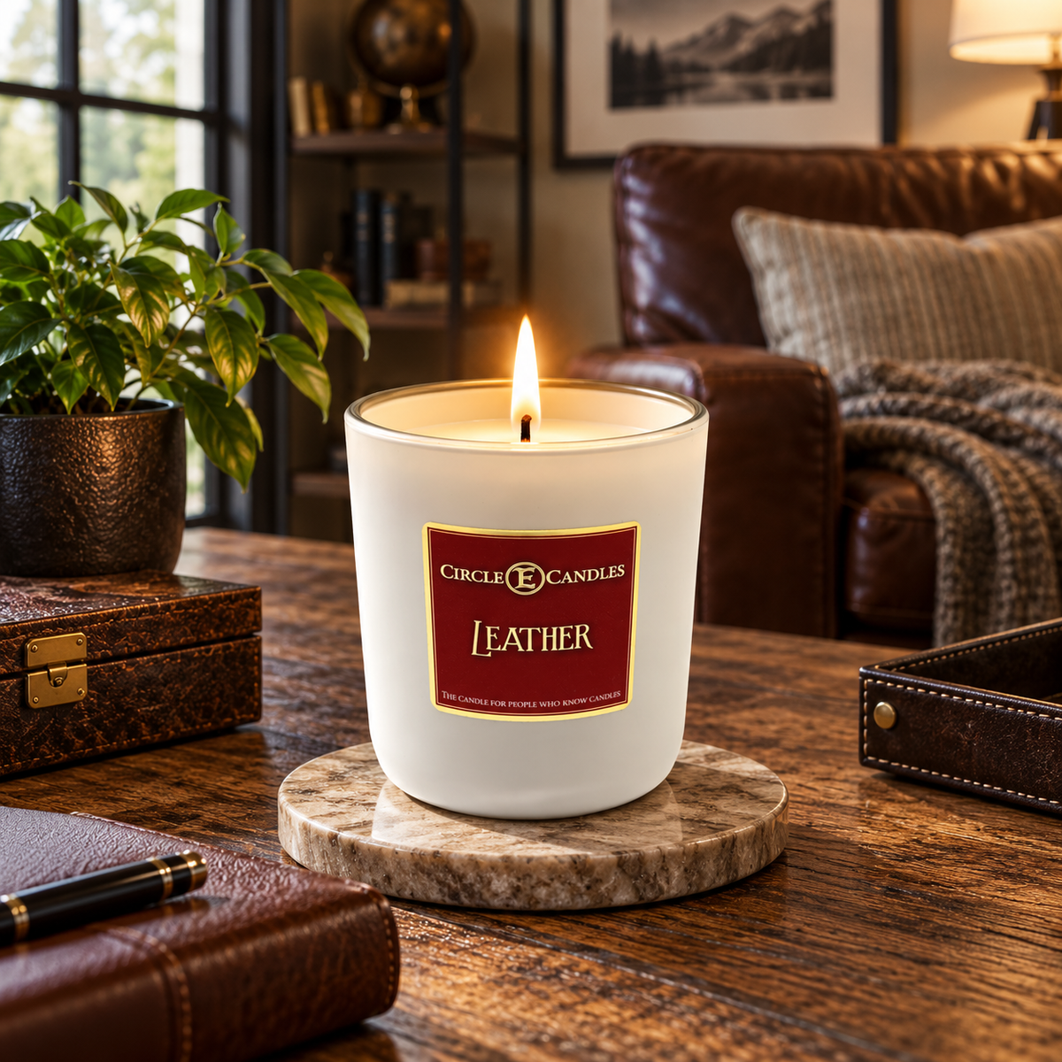 Circle E Candles, Leather Scent, Medium Size Jar Candle, 14oz – Rich Warm Leather Home Fragrance, Bold Masculine Scented Candle, Made in USA