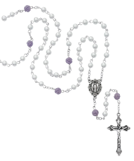 4MM WHITE PEARL W/FLOWER ROSARY