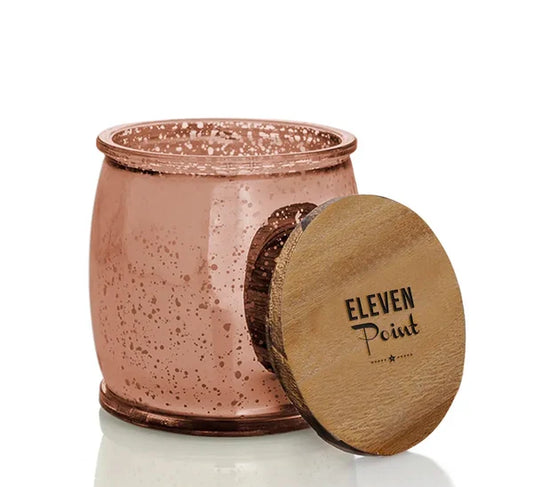 Eleven Point Candles, Tree Farm 2.0 Scent, Rose Copper Mercury Barrel Jar