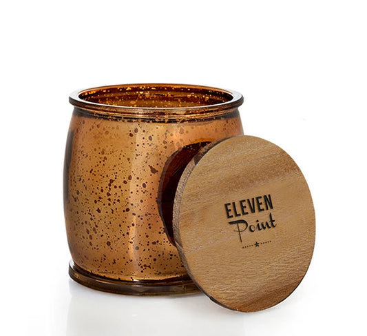 Eleven Point Candles, Tree Farm 2.0 Scent, Bronze Mercury Barrel Jar