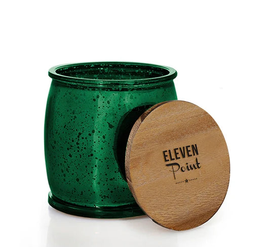 Eleven Point Candles, Tree Farm 2.0 Scent, Green Mercury Barrel Jar