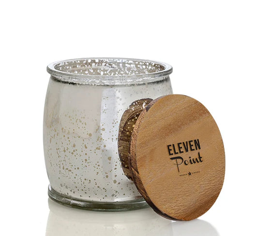 Eleven Point Candles, Tree Farm 2.0 Scent, Silver Mercury Barrel Jar
