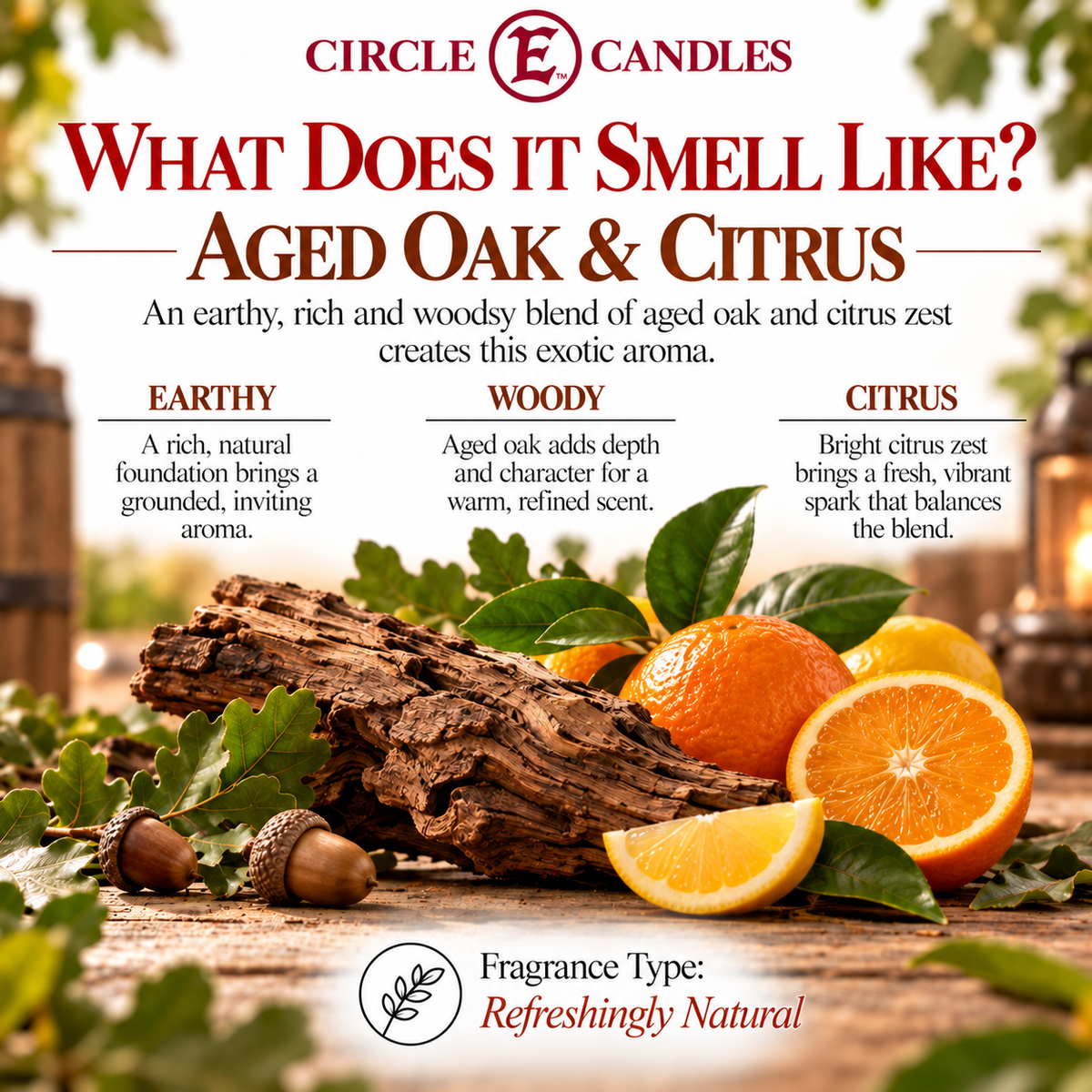 Circle E Candles, Aged Oak & Citrus Scent, Medium Size Jar Candle, 7oz – Warm Woody Citrus Home Fragrance, Bold Earthy Scented Candle, Made in USA