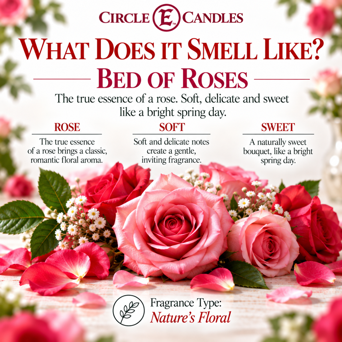 Circle E Candles, Bed of Roses Scent, Medium Size Jar Candle, 14oz – Soft Romantic Floral Home Fragrance, Fresh Rose Scented Candle, Made in USA