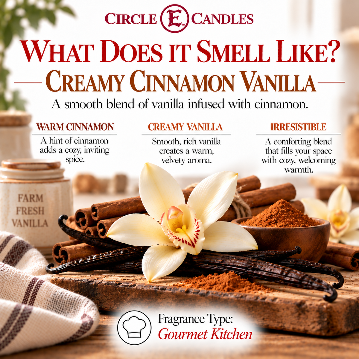 Circle E Candles, Creamy Cinnamon Vanilla Scent, Medium Size Jar Candle, 7oz – Warm Spiced Vanilla Home Fragrance, Sweet Bakery-Inspired Candle, Made in USA