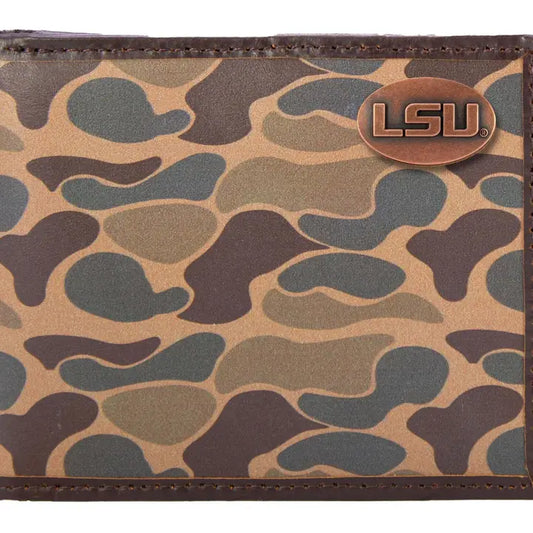 LSU Tigers Men's Bifold Old School Camo Leather Wallet-Brown