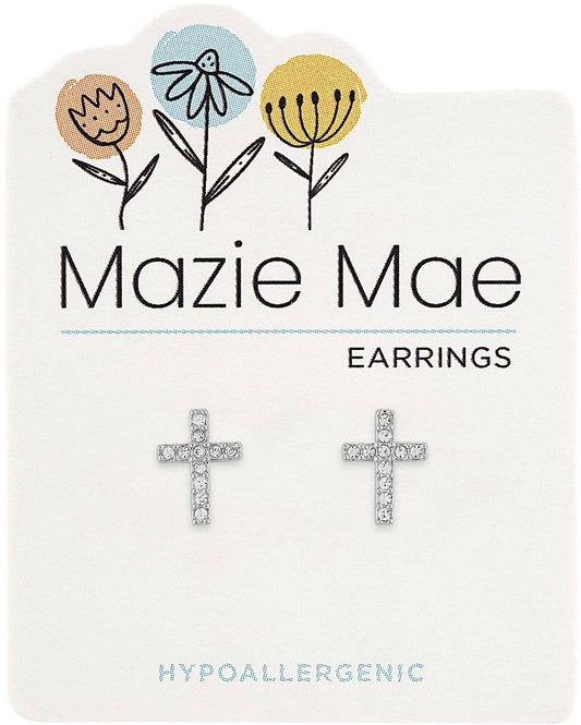 Mazie Mae Earring: Silver CZ Cross Stud Earring