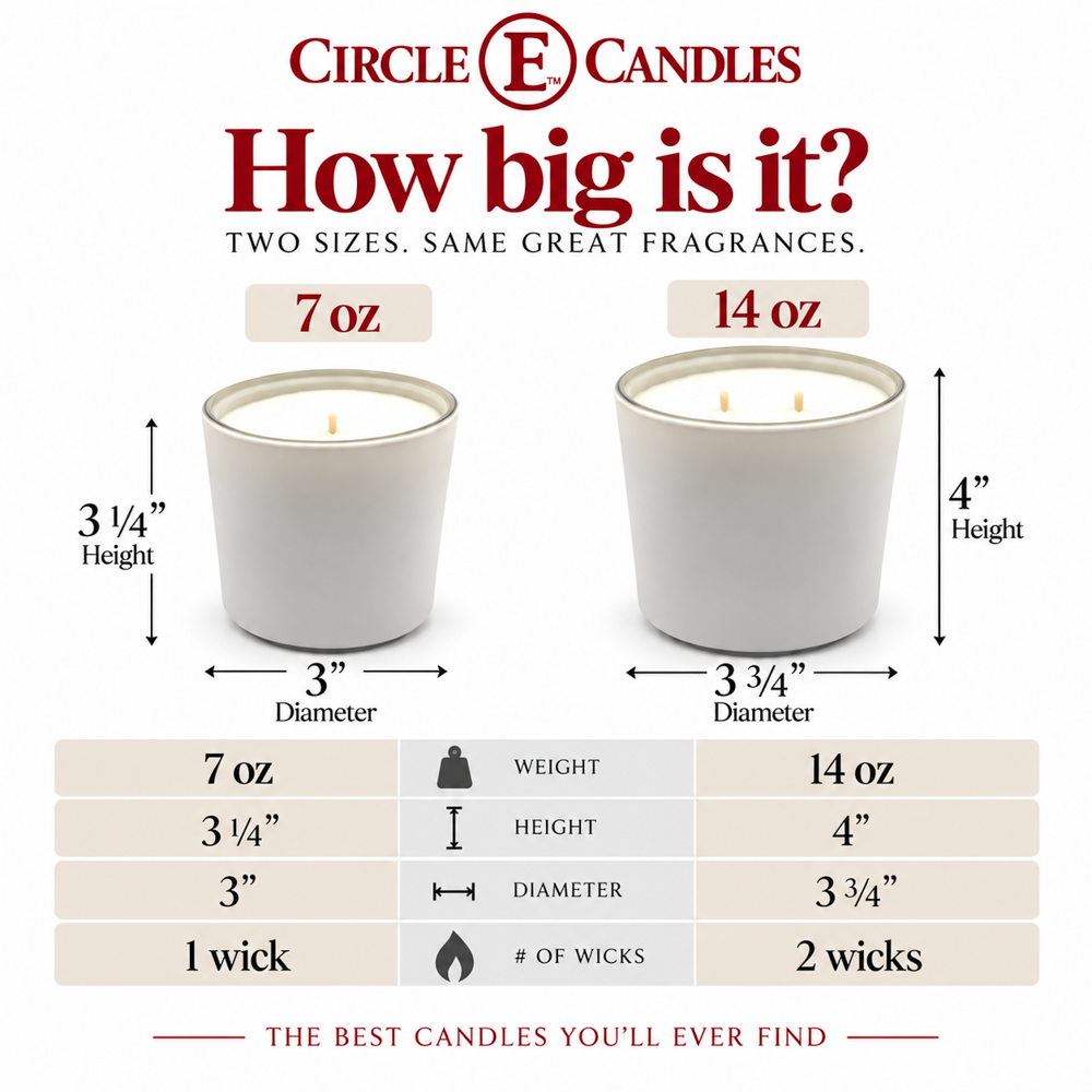Circle E Candles 7oz and 14oz size comparison