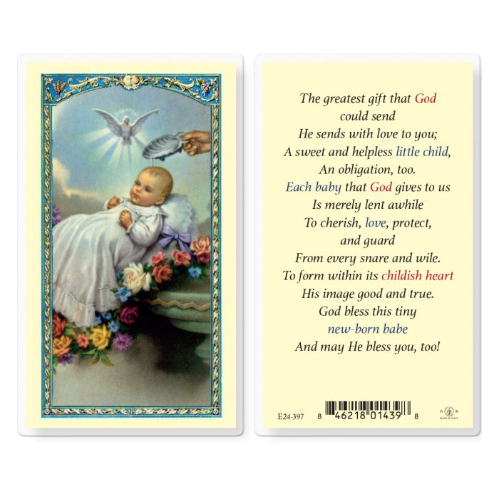 Baby's Baptismal Laminated Catholic Prayer Holy Card with Prayer on Back, Single Card