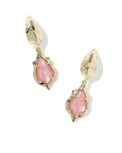 ADRIANA SCALLOP FRAME HUGGIE EARRINGS GOLD LIGHT PINK IRIDESCENT ABALONE