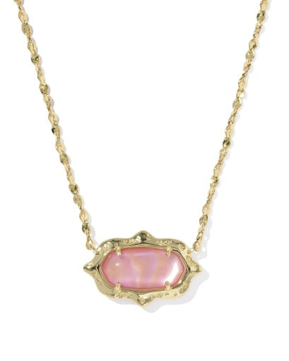 ELISA SCALLOP FRAME SHORT PENDANT NECKLACE GOLD LIGHT PINK IRIDESCENT ABALONE