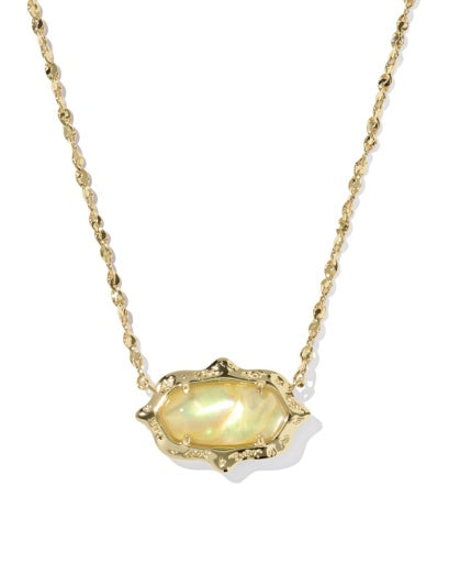 ELISA SCALLOP FRAME SHORT PENDANT NECKLACE GOLD YELLOW IRIDESCENT ABALONE
