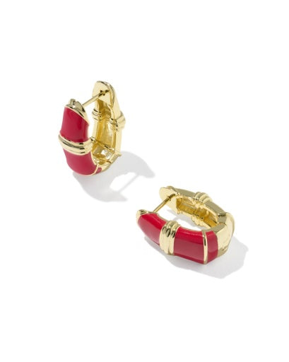COURTNEY ENAMEL HUGGIE EARRINGS GOLD RED ENAMEL
