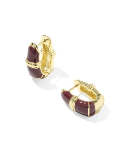 COURTNEY ENAMEL HUGGIE EARRINGS GOLD BURGUNDY ENAMEL