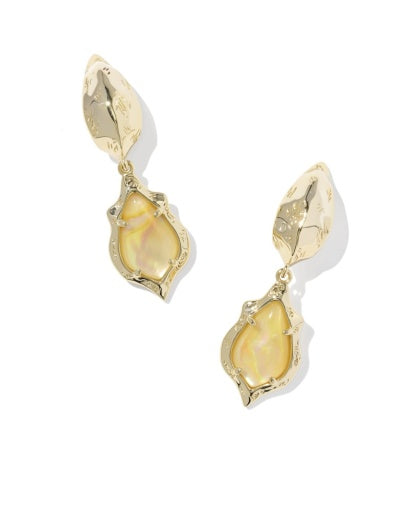 ADRIANA SCALLOP FRAME HUGGIE EARRINGS GOLD YELLOW IRIDESCENT ABALONE