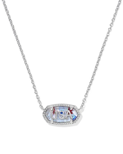 ELISA USA SHORT PENDANT NECKLACE SILVER RED WHITE BLUE STAR ILLUSION