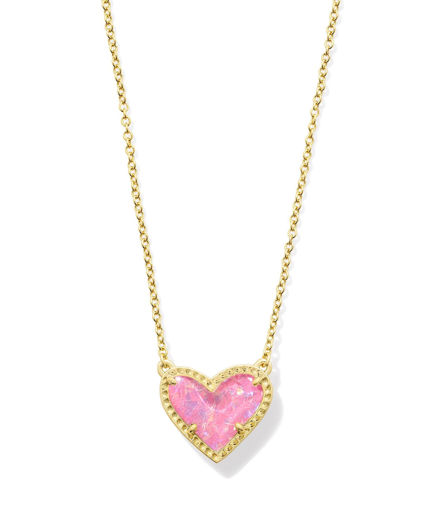 ARI HEART SHORT PENDANT NECKLACE GOLD PINK IRIDESCENT GLITTER GLASS