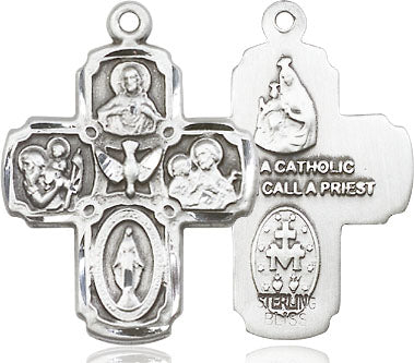 Extel Large Sterling Silver Traditional Catholic 5-Way Cross Cruciform Pendant with 24" chain with Miraculous Medal, St. Joseph, St. Christopher and Sacred Heart, Made in USA