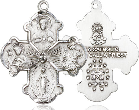Extel Large Pewter Traditional Catholic 4-Way Cross Cruciform Pendant with 24" chain with Miraculous Medal, St. Joseph, St. Christopher and Sacred Heart, Made in USA
